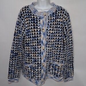 C&K Designs Womens Blue Heart Knit Button Front Cardigan Sweater Large Pockets
